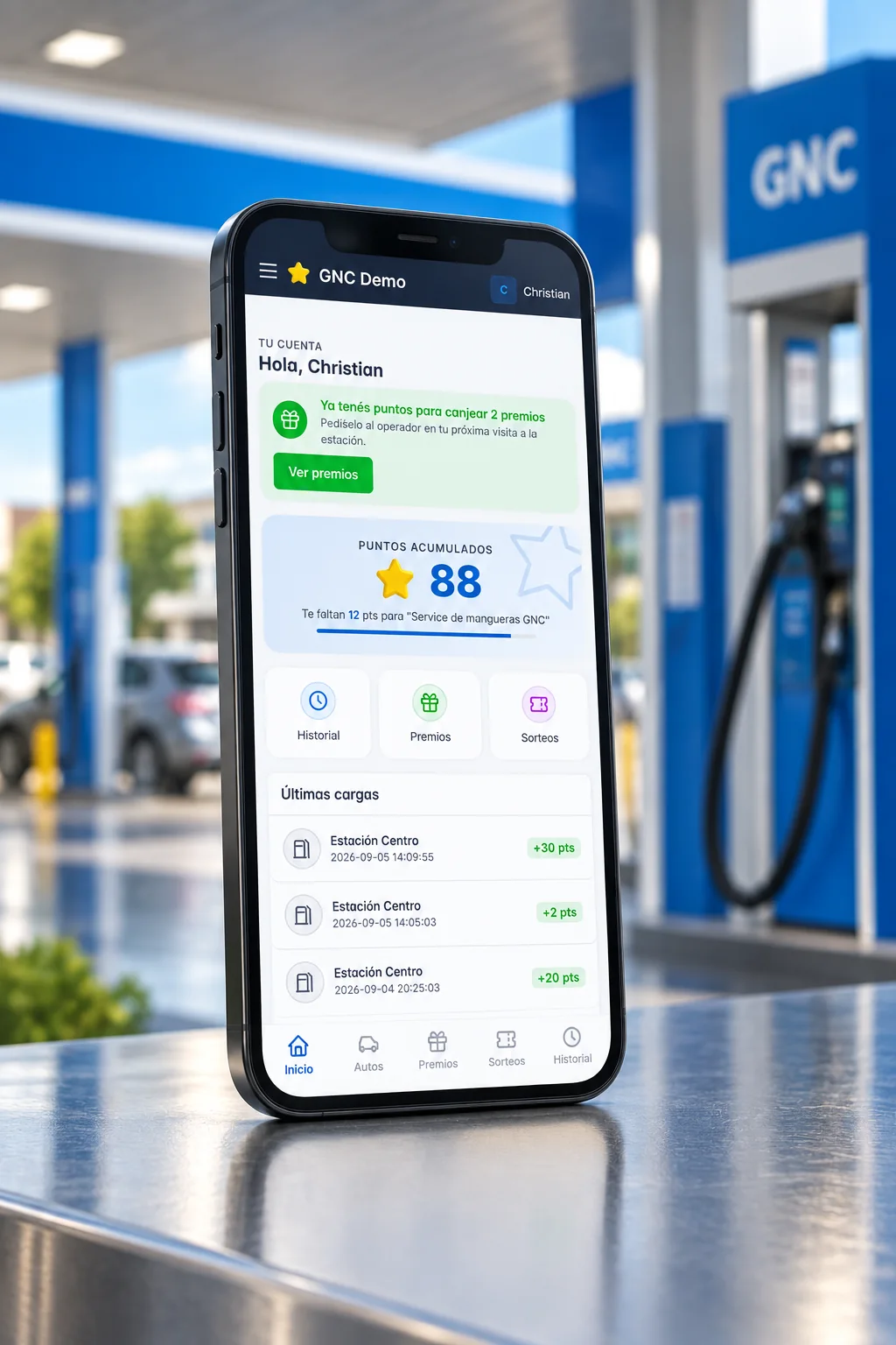 Ilustración de la aplicación de puntos GNC en un celular, en una estación